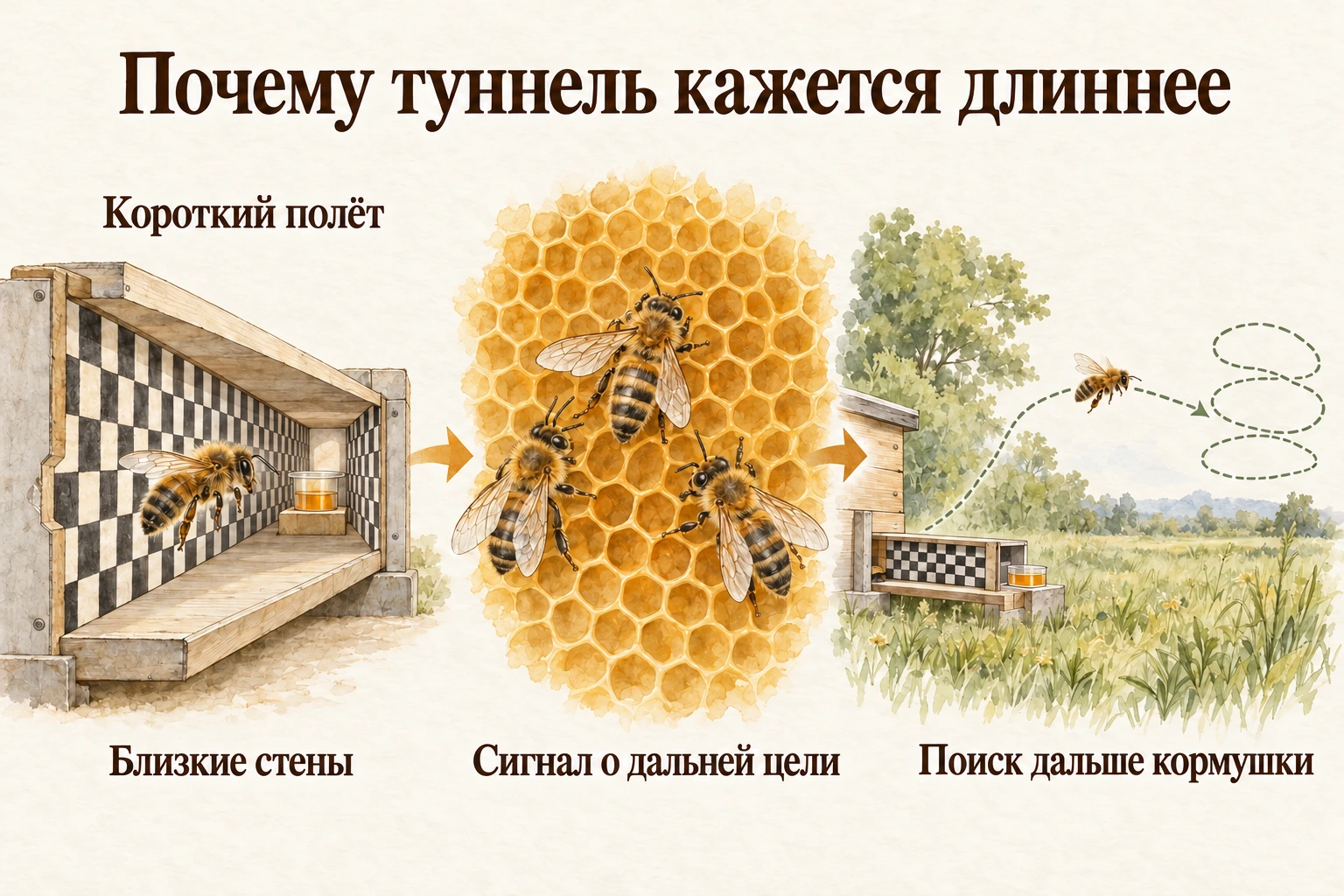 Три этапа опыта с узким туннелем. Близкие стены усиливают оптический поток при коротком полёте. Сборщица передаёт танцем завышенное расстояние. Другие пчёлы ищут корм дальше кормушки.