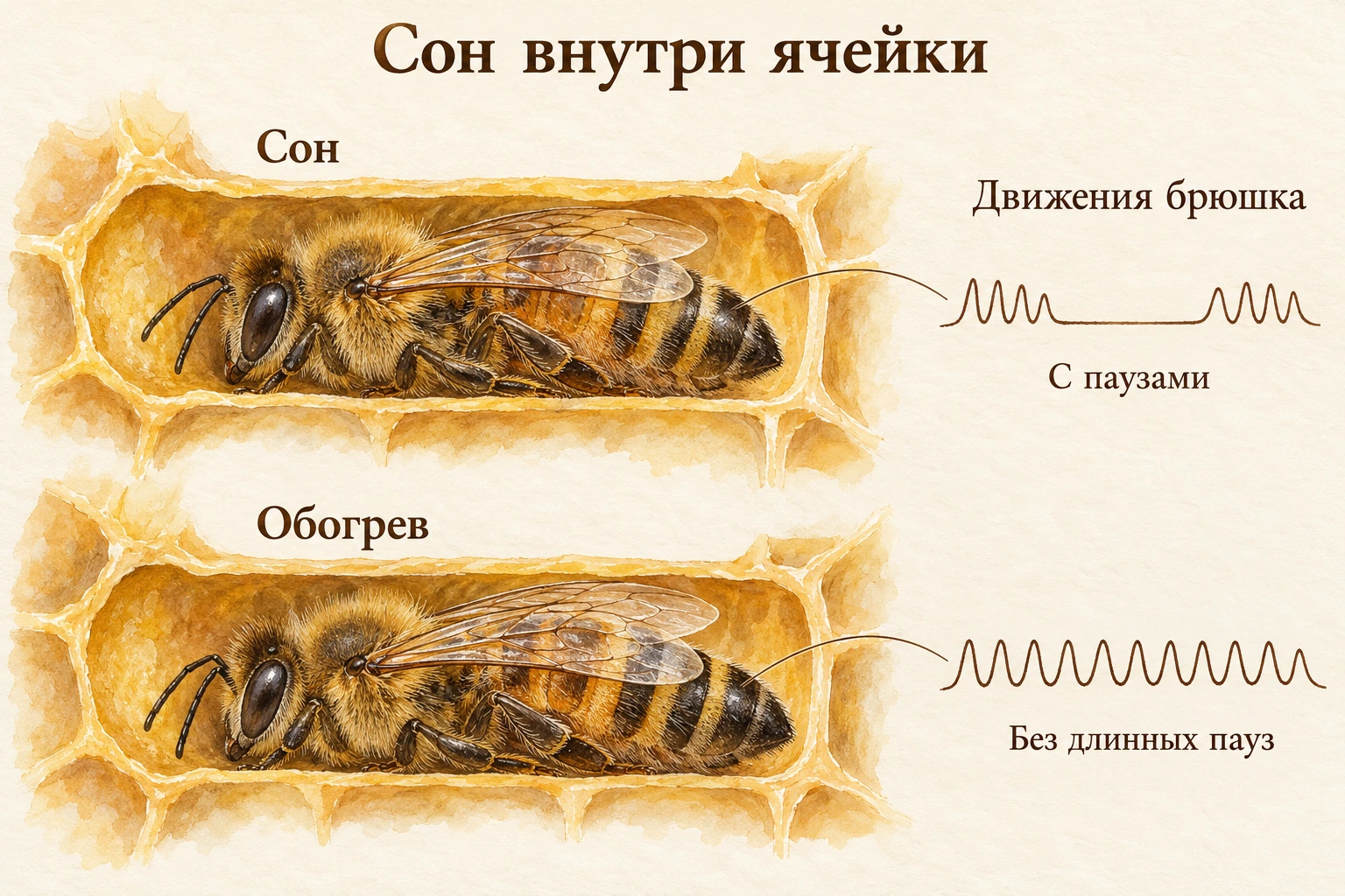 Акварельный разрез двух ячеек с медоносными пчёлами. При сне серии движений брюшка разделены паузами, а при обогреве расплода движения продолжаются без длинных пауз.