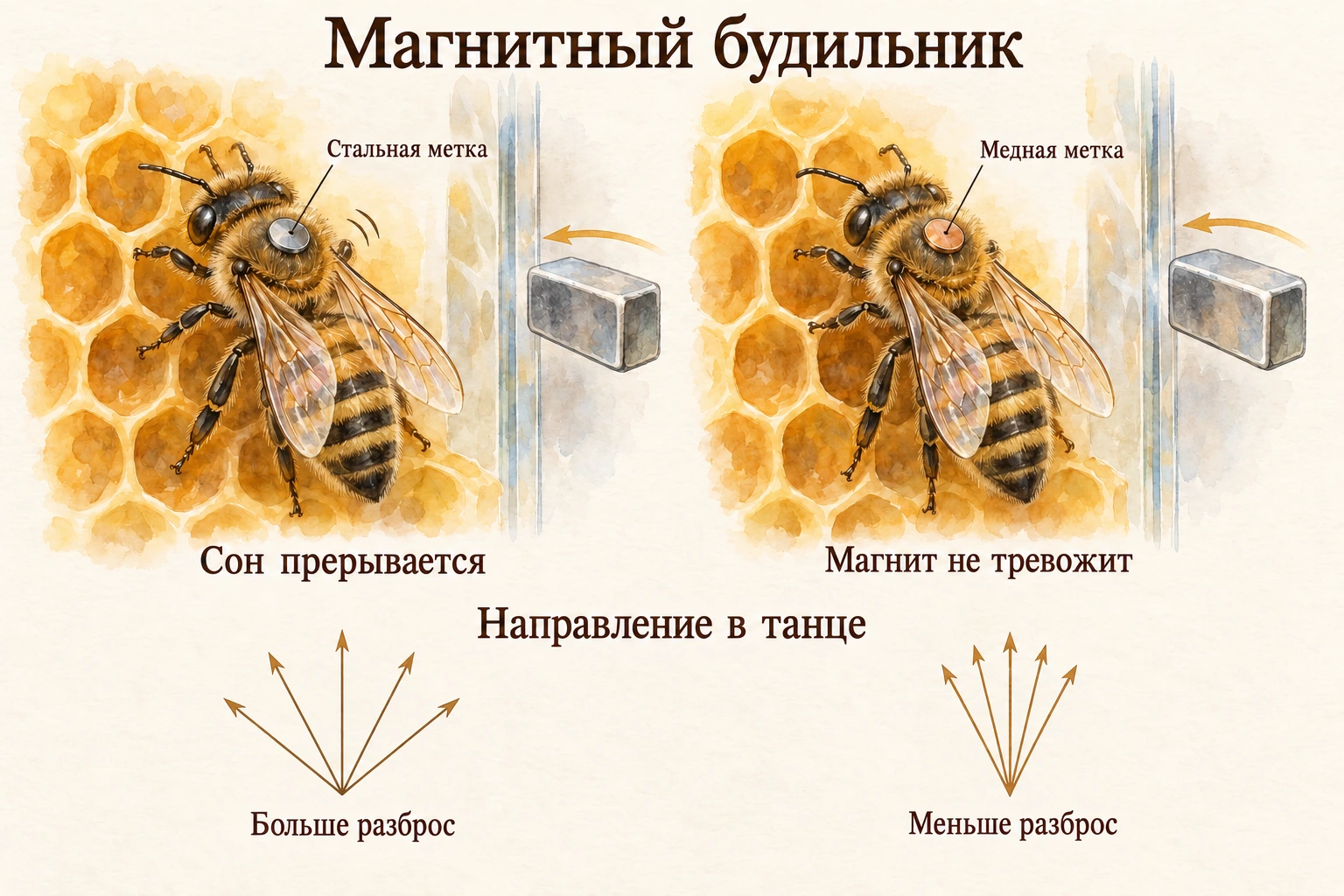 Акварельная схема опыта с металлическими метками. Магнит тревожит пчелу со стальной меткой. Медная метка не реагирует. После недосыпа показан больший разброс направлений пробежек в танце.