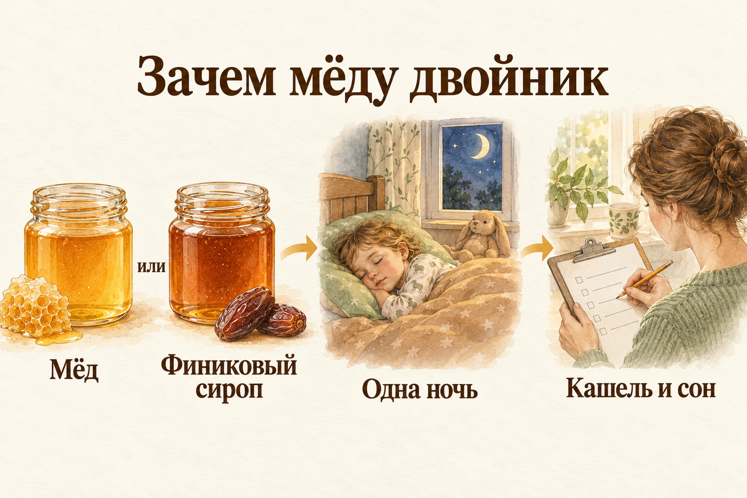 Схема опыта с мёдом и финиковым сиропом. Один из продуктов дают перед сном, затем родители оценивают ночной кашель и качество сна.