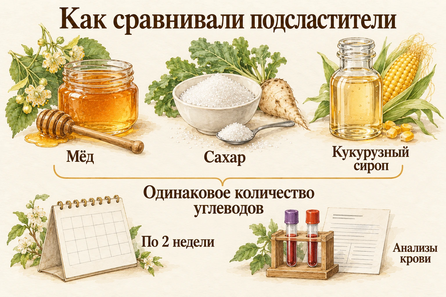 Мёд, сахар и кукурузный сироп в сравнительном исследовании. Количество углеводов выравнивали, каждый вариант использовали по две недели и оценивали анализы крови.