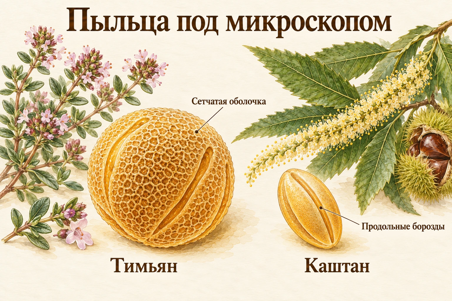 Акварельная ботаническая таблица с увеличенной пыльцой тимьяна и съедобного каштана. Показаны сетчатая оболочка и продольные борозды.